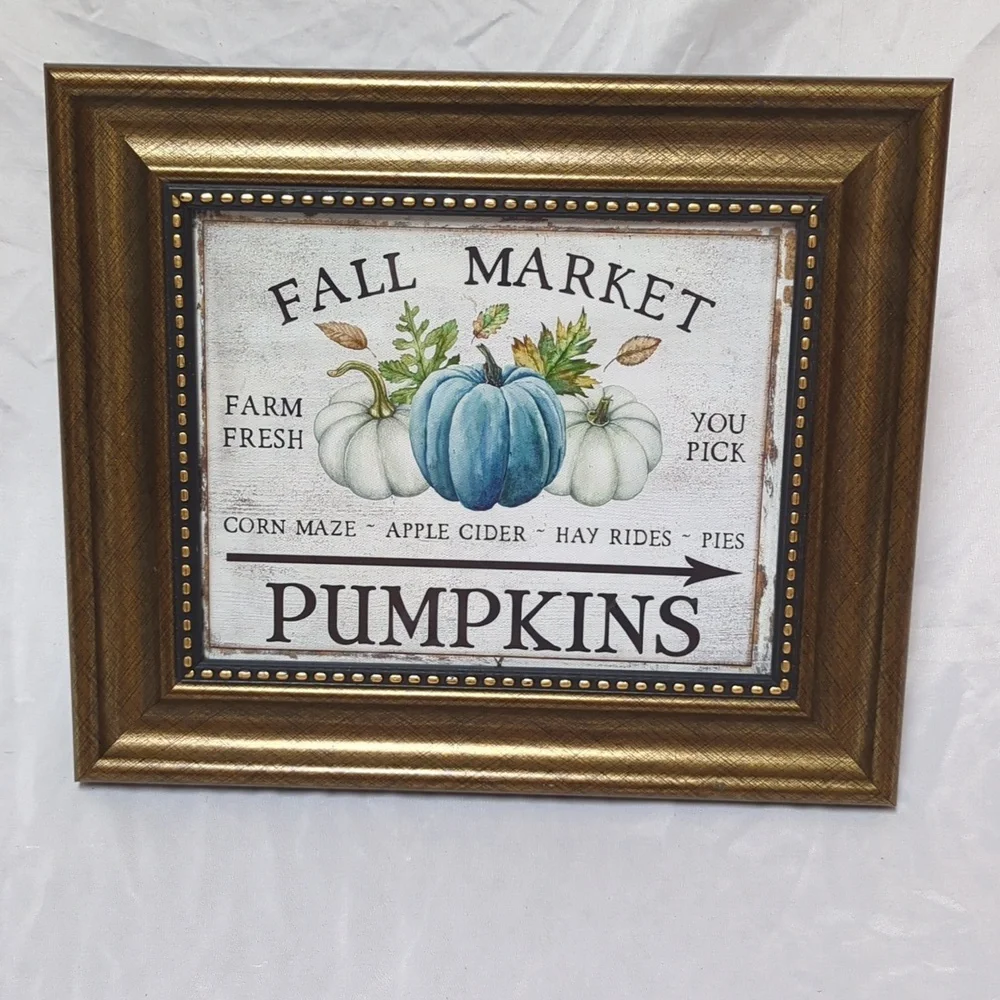 5 Peice Fall Autumn Decor Bundle- Plush Pumpkins, Framed Print, Coaster, Sign